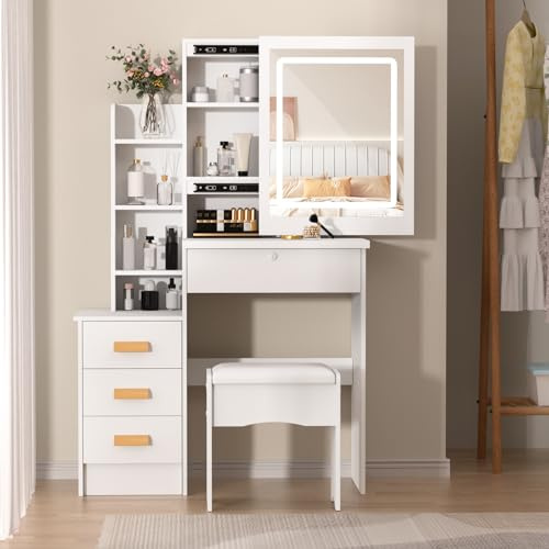 Moderno juego de mesa de tocador de cristal blanco con luces de espejo deslizante, 4 cajones y 7 estantes abiertos, tocador de maquillaje para mujeres y niñas