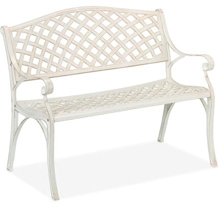 Relaxdays Gartenbank, 2-Sitzer, Terrasse, Balkon, Aluminiumguss, H x B x T: 83 x 103 x 64 cm, antike Sitzbank, weiß/gold