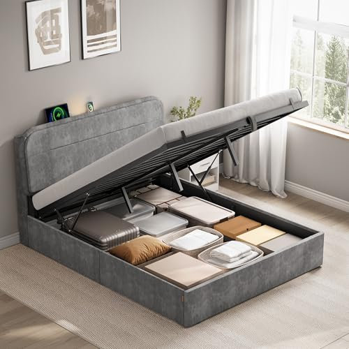 VASAGLE Lit Coffre 140 x 190 cm, Lit Double, Cadre, Sommier Relevable, avec Rangement, Éclairage LED, Ports de Charge, Style Moderne, Gris Ardoise RMB943G01