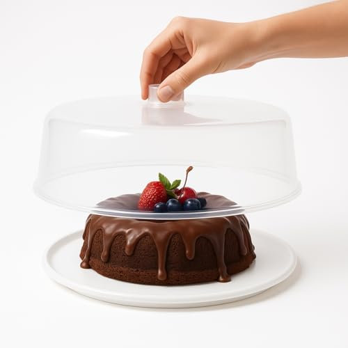 CHEFZOCO Portatartas de plástico, Recipiente redondo para tartas con tapa alta, Bandeja para Pasteles, Tartera plástico, Recipiente transporte repostería, 32 cm diámetro x 9 cm altura, Blanco