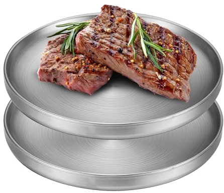LEKEFETO 2 Stück Edelstahl Teller: Φ 23cm Essteller Doppelwandig Rundes Geschirr, Edelstahlteller Frühstücksteller, Teller Servierteller für Küche, Party, Camping, Picknick, Wandern, Par