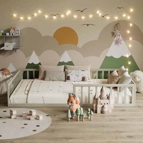 VitaliSpa Bodenbett Minno 120x200 cm, Montessori Kinderbett aus Metall mit Rausfallschutz und Matratze, Greige