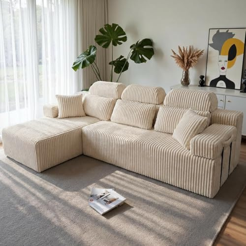 HOMRELEXA Sofá de 276 cm con Respaldo Alto, sofá Cama en Forma de L de Pana, sofá de 3 plazas con otomana Izquierda o Derecha, sofá Relax para salón, Independiente, sin Montaje (Beige)
