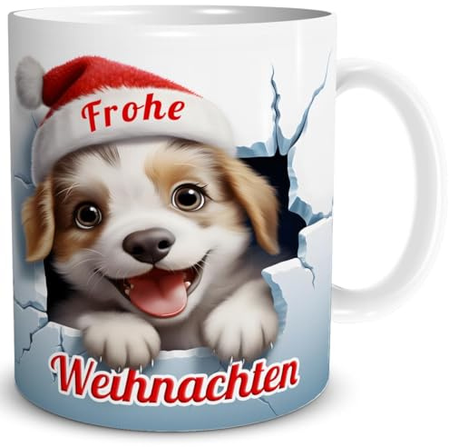 TRIOSK Weihnachtstasse 3D Illusion Hund mit Spruch Frohe Weihnachten - Lustiges Becher-Durchbruch Geschenk für Hundeliebhaber, Hundebesitzer, Frauen & Männer - Keramik-Tasse 300 ml