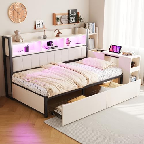Wiuzo Eisen Sofabett 90x200 cm, Mit vielseitigen Staufächern & Schließfächern, Steckdosen & LED-Beleuchtung, komplett mit großen Schubladen und einem ausziehbaren Schreibtisch (Weiß)
