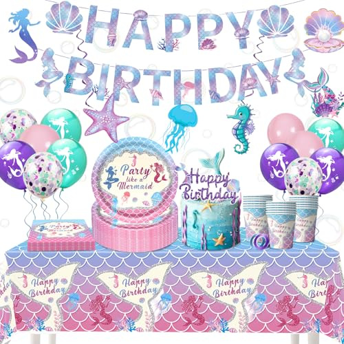 Meerjungfrau Partygeschirr Set, Kindergeburtstag Geburtstag Deko, Geburtstag Party Geschirr, mit wiederverwendbar Pappbecher Pappteller Tischdecke Servietten für Geburtstagsdeko Mädchen 16 Gäste