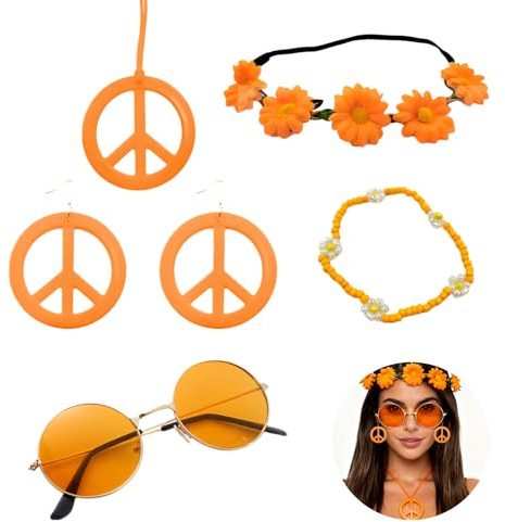 fshxj Hippie Accessoires Damen,5pcs Hippie KostüMzubehöR Set,Unde Brille,Peace-Zeichen-Halskette,Ohrring,Bohemian-Armband,Blumenstirnband,Retro 60er 70er Jahre Stil,FüR Party Cosplay Festival