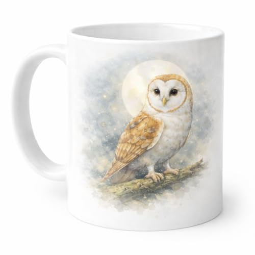 Brew Crew Gifts Enchanted Barn Owl Moonlight Mug, Ceramic, 11oz, Watercolor Wildlife Design, Dishwasher Safe, Microwave Safe, White