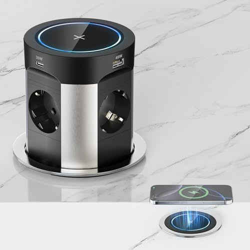 Enchufe empotrable con 2 USB-C 75W Total, 4 Tomas, Qi 15W, Ø100 mm | Regleta empotrable con 2 USB-A 45W+30W, apertura por presión, cable 1,8 m, cocina y encimera, negro