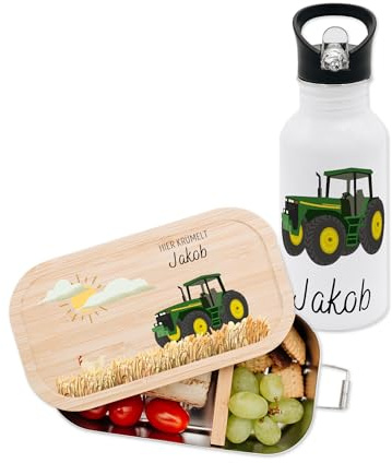 Bärenfreunde Kindergarten Set Brotdose Trinkflasche mit Namen, Jausenbox | Personalisierte Lunchbox und Wasserflasche für Schule oder Kita, Edelstahl Vesperbox mit Bambusdeckel Motiv Pferd Mädchen