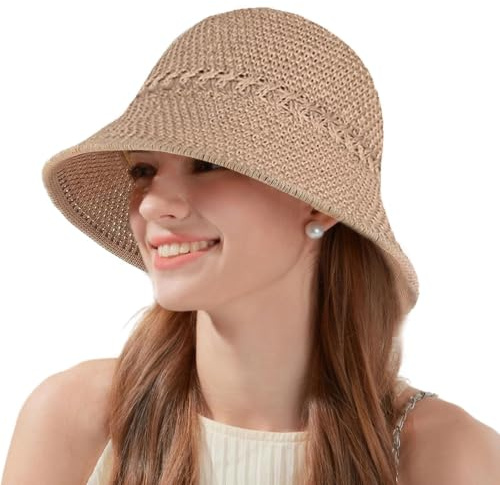 WSXQAZ Verano Sombrero de Paja para Mujer, sSombrero de Sol, Bucket Hat para Senderismo Playa, Gorro Pescador, Protección UV, sSombrero Paja, Sombrero de Verano Plegable para Viajes y Vacaciones