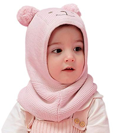 Magracy Baby Kleinkind Kinder Wintermütze mit Kapuze und Fleecefutter, Strickmütze, Schal mit Ohren (DE/NL/SE/PL, Alphanumerisch, M, Rosa)