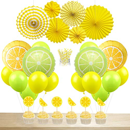 Decoraciones para fiestas de limón Globos de limonada Paja de papel Topper de pastel Colgadores de papel para el verano Fiesta de cumpleaños Fiesta de bienvenida al bebé