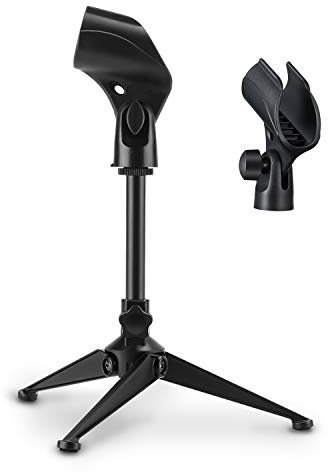 Moukey Universal Adjustable Desk Microphone Stand Small Portable Foldable Tripod Mic Tabletop Stand with Plastic Microphone Clip for Blue Yeti Snowball iCE, MMs-4