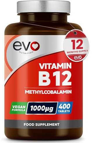 EVO Nutrition Vitamin B12 1000mcg Methylcobalamin, 400 Vegan Tablets | High strength, reduction of tiredness & fatigue, 13 month supply, made in the UK.