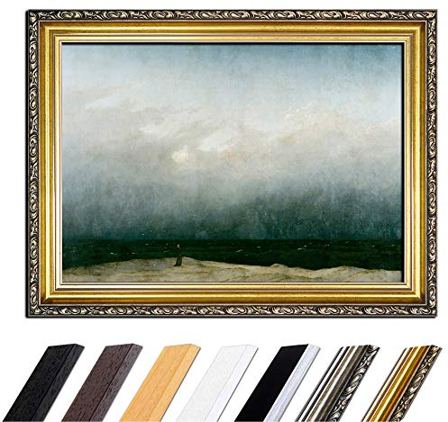 Bild mit Rahmen - Caspar David Friedrich Der Mönch am Meer 50x40 cm - Gerahmtes Leinwandbild Alte Meister - Antiker Rahmen Gold Barock, Klassisch