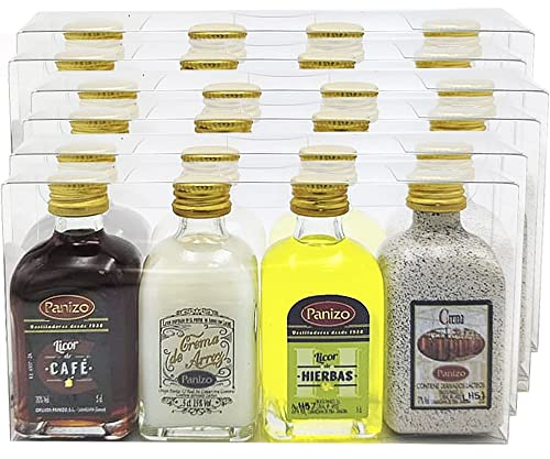 Caja de 14 estuches de licores Panizo para regalar. Licores miniaturas de 20 cl. de Licor de Hierbas, Crema de Orujo, Crema de Arroz y Caramelorujo Panizo