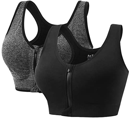 AoToZan 2 Stücke Sport BH Damen Starker Halt mit Reißverschluss Vorne, Gepolstert Push Up BHS Ohne Bügel Sports Bra für Running Fitness Yoga (Schwarz Grau,S)