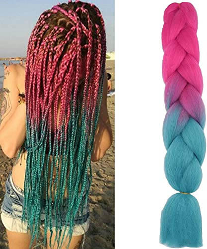 Braids Extensions Ombre Kunsthaar zum Einflechten 1 Bündel Braiding Hair | 60cm Jumbo Braids Flechthaar Synthetik Haare zum Einflechten für Box Braid Zöpfe Flecht‑Haarverlängerung, Rosenrot & See Blau