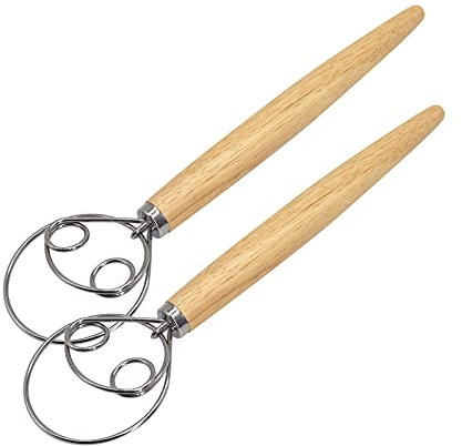 ValueHall Batidora de Masa Danés 2 piezas Batidora Danesa de Masa Manual 13 pulgadas Batidor de Masa Herramienta de Acero Inoxidable Dough Whisk con Mango de Madera para Hornear Pasteles Postre V4B05