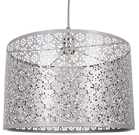 Unique Moroccan Designed Large Matt Grey Metal Circular Pendant Light Shade with Floral Decor | 40cm Diameter | Maximum 60watt Bulb Allowed by Happy Homewares