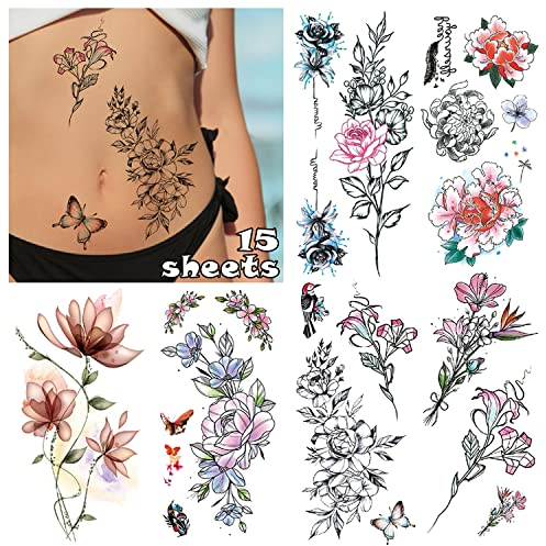 Acevegue 15 Blätter Fake Tattoos Frauen, Temporäre Tattoos 3D Rose Tattoo Klebe Tattoo Wasserfeste Aufkleber Arm, Klebetattoos Erwachsene Tatoos Aufkleben Damen zum Aufkleben