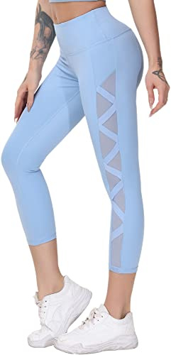 romansong Damen-Leggings aus Netzstoff, Yogahose mit Tasche, nicht durchsichtig, Caprihose, hohe Taille, Bauchkontrolle, 4-Wege-Stretch, M
