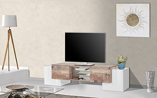 möbelando TV-Lowboard Unterschrank Fernsehtisch Rack Wohnzimmer Schrank Pinerolo III Weiß Hochglanz/Ahorn