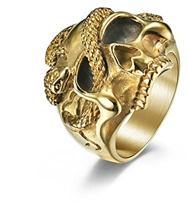 ANAZOZ Bague Acier Inoxydable Tête de Mort et Serpent Punk Or Taille 57 Punk Homme