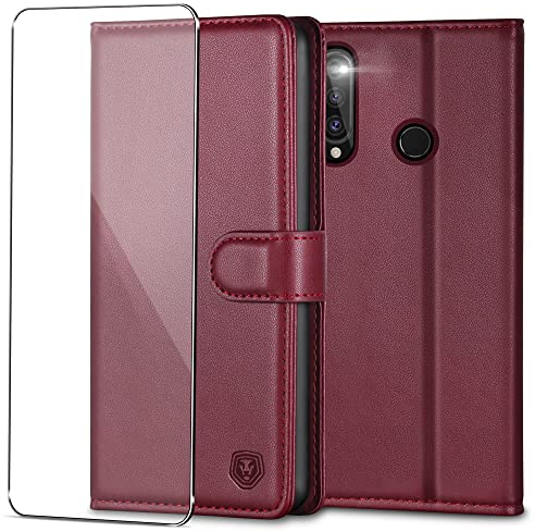 Handyhülle für Huawei P30 Lite Hülle mit Panzerglas Schutzfolie PU Leder Klapphülle Brieftasche Kartenfach Ständer Magnet Handytasche Schutzhülle für Huawei P30 Lite/ P30 Lite New Edition - Weinrot