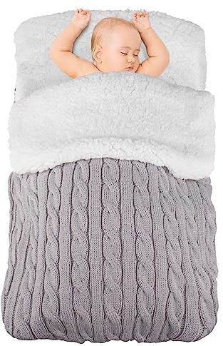 Pucksack Baby Winter 0-3-6 Monate Neugeborene Winterschlafsack Gestrickt Pucktuch Wickeldecke Babyschlafsack mit Fleece für Jungen/Mädchen (Grau)