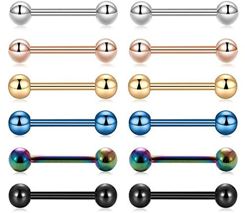 KOMUNJ 12Pcs Tongue Bars 12mm Surgical Steel Tongue Bars Nipple Ring Piercing Barbell, Straight Barbell Surgical Steel, Piercing Jewellery Women Men
