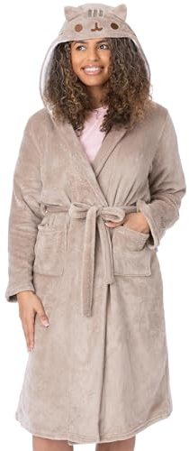 Pusheen Die Katze Morgenmantel Damen | Damen Neuheit Braune Nachtwäsche Robe | Cartoon Katze mit 3D Ohren Charakter Bademantel Merchandise Geschenke