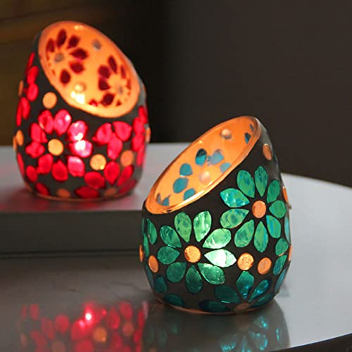 2 Portavelas de té de Mosaico, Portavelas de Cristal, Colorido Romántico Accesorio de Cristal para Candelabros Grande, Tarro de Cristal, Decoración de Mesa, Taza Vacía para Vela Perfumada