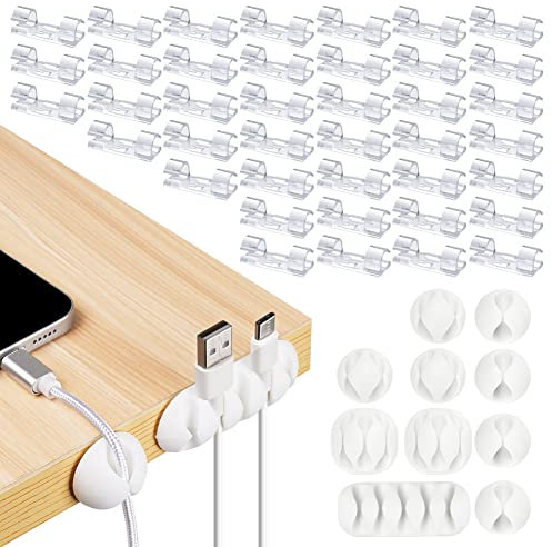 URAQT Kabelclips Kabelhalter, 50 Stück Vielzwecke Kabelführung Kabel Organizer Set für Schreibtisch, Kabelhalter Selbstklebend Kabelmanagement, USB Ladekabel Netzkabel Audiokabel Kabelklemmen(Weiss)