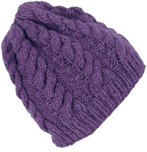 GURU SHOP Handgestrickte Wollmütze mit Zopfmuster, Strickmütze aus Schurwollle, Wintermütze, Herren/Damen, Lila, Wolle, Size:One Size