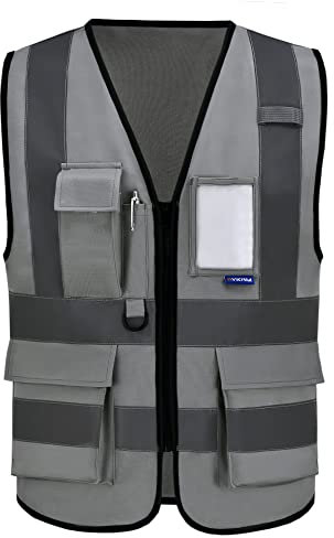 AYKRM Sicherheitsweste Grau Warnweste Reflektierendes WarnschutzWeste Warnweste mit Reflektorstreifen mit Reißverschluss und Taschen Arbeitsweste