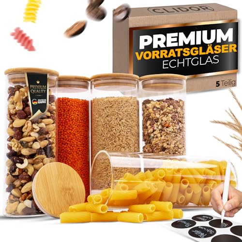 CLIDOR ® Vorratsgläser mit Deckel, Rund I 5er Set I Erhöhte Glasstärke I 9 Setgrößen I Vorratsdosen luftdicht I Aufbewahrungsbox Küche für alle Lebensmittel I Glasbehälter