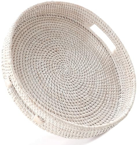 HITOMEN Bandeja Redonda de Mimbre Tejida a Mano de 11.8 Pulgadas, bandejas Decorativas de Mimbre con Asas para Mesa de café (Lavado Blanco-M)
