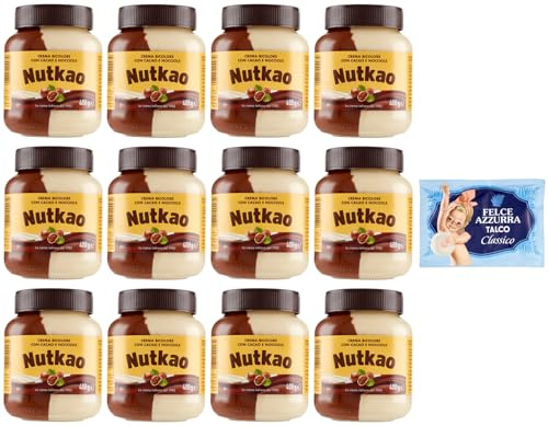 12er-Pack Nutkao Crema Bicolore Cacao,Nocciole e Vaniglia,Streichfähige Creme Kakao mit Haselnüssen und Vanille, 400g-Glas + 1er-Pack Kostenlos Felce Azzurra Talkumpuder, 100g-Beutel