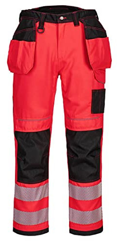 Portwest T501 Mens PW3 Hi Vis Work Trousers - Holster Pocket Workwear Safety Construction Trousers Red/Black, 46