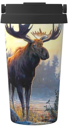EdWal Thermobecher mit Motiv Fall Elch Hirsch, 500 ml, isolierter Campingbecher mit Deckel, Reisebecher, ideal für jedes Getränk
