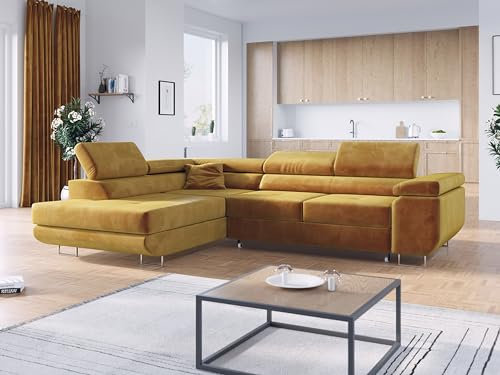 MKS MEBLE Ecksofa Gelb Wohnzimmer - Wohnlandschaft - Schlafsofa mit Bettkasten - Ecksofa mit Schlaffunktion - Wohnzimmer L Couch - Polstersofa mit Bettkasten - Gustaw - Gelb - Links