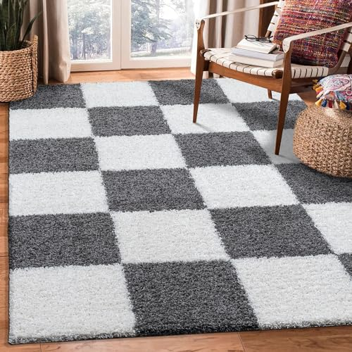 SANAT Milano Shaggy Teppich - Hochflor Teppiche für Wohnzimmer, Schlafzimmer, Küche - Grau Weiss, Größe: 60 x 110 cm