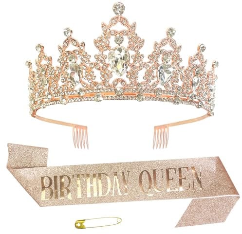 Happy Birthday Girl Headband Birthday Queen Crown Rhinestone Tiara Belt Set Crystal Birthday Headpieces Party Supplies Glitter Crown Hair Accessories for Girl Women (Rose-Gold)