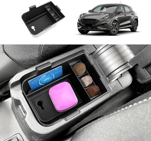 Coleya Caja de Almacenamiento para Apoyabrazos Compatible con Ford Puma 2020-2024/Ford Fiesta 2017-2024, Bandeja de Reposabrazos, Organizador de Consola Central con Alfombrilla Antideslizante (Negro)
