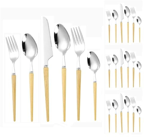 Mango De Madera Cocina Acero Inoxidable Cubiertos Vajilla Cubiertos Cubiertos Cuchillos Tenedores Cucharas Set (madera blanca,24 piezas)