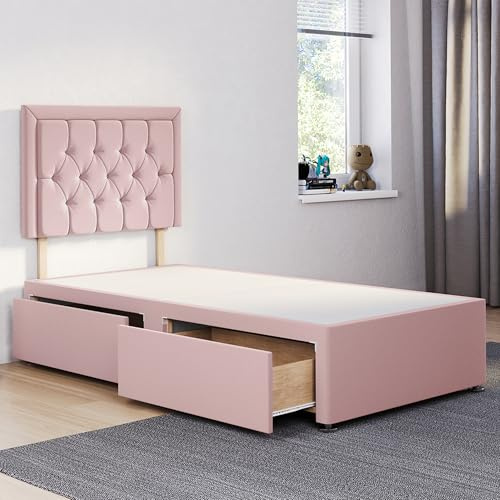 ComfoRest - Chic 3FT Single Divan Bed with 2 Drawers, 24 Sarah Headboard – Practical Single Bed with Storage and Durable Divan Base for Stylish Homes (Pink Plush)