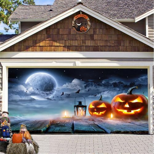 Hiseng Halloween Garagentor Banner, Halloween Deko Outdoor Große Halloween Garage Dekorationen, Gruselige Halloween Banner Dekorationen für Halloweenabend Party (Kürbis,210x240cm)