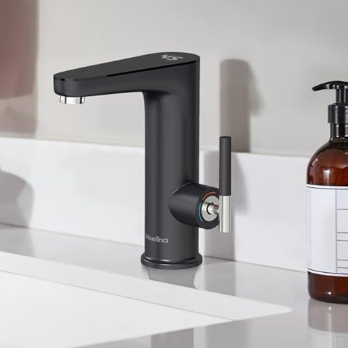 Briwellna Grifo de agua caliente instantánea 3200 W, calentador de agua eléctrico, grifo de baño con pantalla digital, grifo con calentador de agua caliente 30-45 °C (negro)